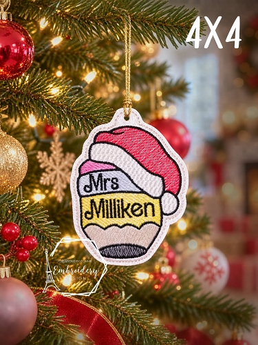 Santa Pencil Monogram Ornament Embroidery Design - 4x4